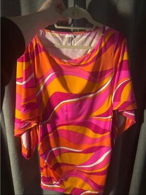 Vibrant Pink & Orange Wave-Print Mini Dress